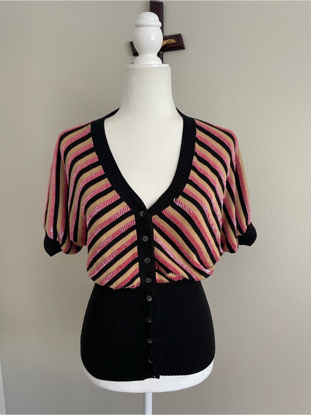 Catherine Malandrino Pink and Black Striped V-Neck Button Cardigan